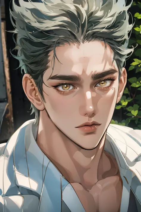 Realistic,Photorealistic,HDR,UHD,studio lighting,Ultra Detailed Description,Professional ,vivid color,Garou,One Punch Man,Yellow eyes,gray hair,18 years old,guy,177cm,Black Chewy Polar That Reveals Your Body,White Dojo Pants,Dojo Straps,Full Body High Defi...