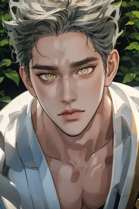 Realistic,Photorealistic,HDR,UHD,studio lighting,Ultra Detailed Description,Professional ,vivid color,Garou,One Punch Man,Yellow eyes,gray hair,18 years old,guy,177cm,Black Chewy Polar That Reveals Your Body,White Dojo Pants,Dojo Straps,Full Body High Defi...