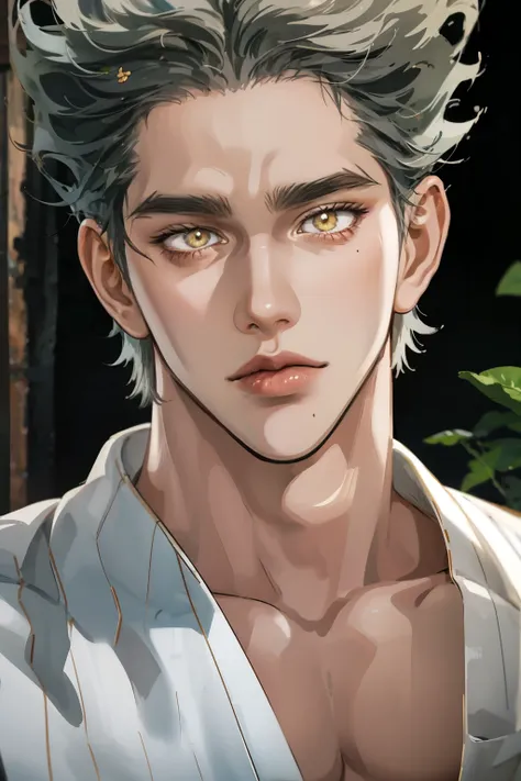 Realistic,Photorealistic,HDR,UHD,studio lighting,Ultra Detailed Description,Professional ,vivid color,Garou,One Punch Man,Yellow eyes,gray hair,18 years old,guy,177cm,Black Chewy Polar That Reveals Your Body,White Dojo Pants,Dojo Straps,Full Body High Defi...