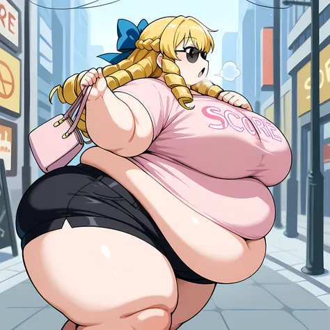 score_9, score_8_up, score_7_up, score_6_up, source_anime, BREAK 1girl, solo sfkarin, blonde hair, drill hair, hair bow, pink t-shirt, sunglasses, black shorts, handbag, city street fat, chubby, obese, gigantic arms and legs, large breasts open mouth, out ...