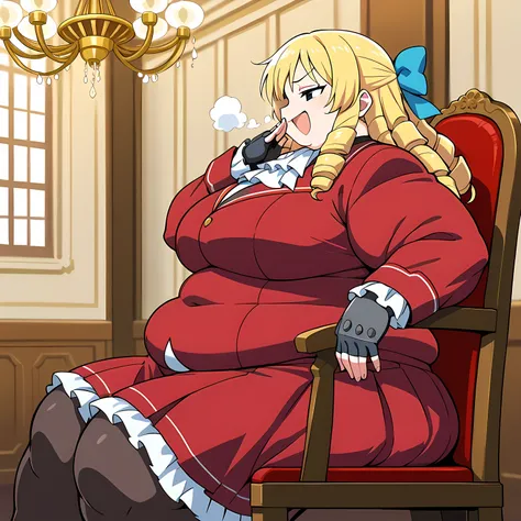 score_9, score_8_up, score_7_up, score_6_up, source_anime, BREAK 1girl, solo sfkarin, blonde hair, drill hair, hair bow, white ascot, red jacket, long sleeves, red skirt, frilled skirt, pantyhose, fingerless gloves, laughing, smug,, sitting, chair, mansion...