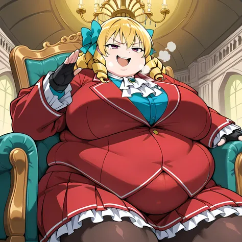 score_9, score_8_up, score_7_up, score_6_up, source_anime, BREAK 1girl, solo sfkarin, blonde hair, drill hair, hair bow, white ascot, red jacket, long sleeves, red skirt, frilled skirt, pantyhose, fingerless gloves, laughing, smug, hand up, sitting, chair,...