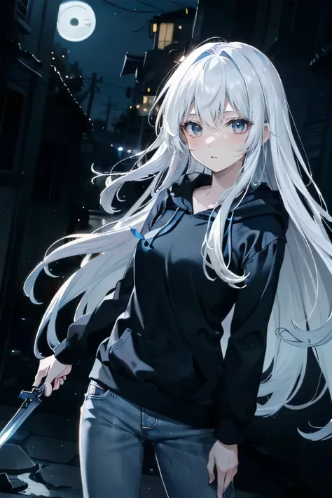 (masterpiece), (best quality), (ultra high resolution), (ultra detailed), High definition RAW color art, animation,sculpture, Silver Marble Skin, Ultra detailed elegant, finely detailed color, cenematic painting, ((holding dagger)), urban, ((night:2)), all...