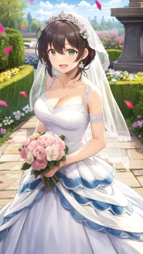 Masterpiece, Best quality, girl,  solo, looks at the audience, Natsuo_Fujii, brunette, green eyes on the throne, Big breasts, Wedding Dress, standing, garden,  confetti , Holding a bouquet , Smile, Open mouth 