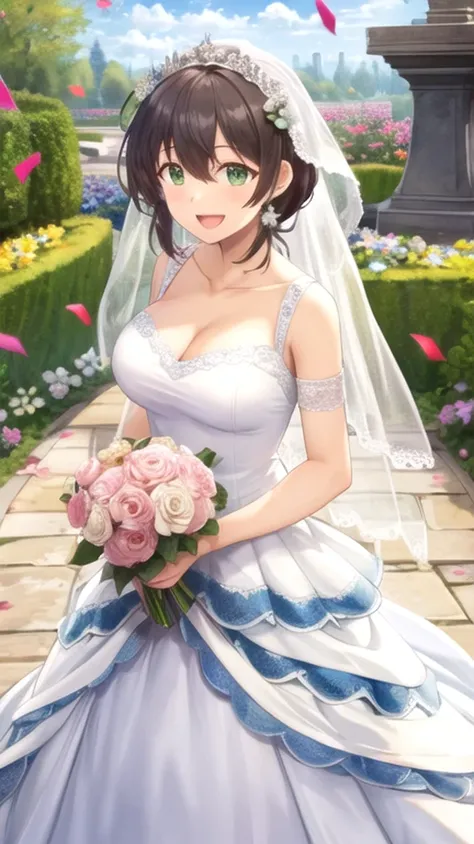 Masterpiece, Best quality, girl,  solo, looks at the audience, Natsuo_Fujii, brunette, green eyes on the throne, Big breasts, Wedding Dress, standing, garden,  confetti , Holding a bouquet , Smile, Open mouth 