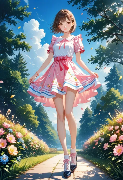 ink painting and watercolor fusion、Beautiful and cheerful girl、pink and white top and skirt style、 Stylish design 、 Realistic Art 、brown eyes in love、Koisuru Pink Lips、short hair,perfect face、 perfect style 、Suburban Forest Park、colorful flowers blooming、...