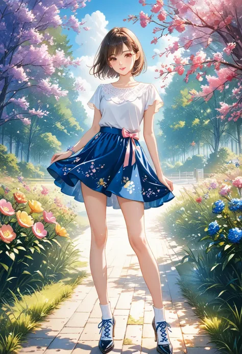 ink painting and watercolor fusion、Beautiful and cheerful girl、blue and white top and skirt style、 Stylish design 、 Realistic Art 、brown eyes in love、Koisuru Pink Lips、short hair,perfect face、 perfect style 、Suburban Forest Park、colorful flowers blooming、...