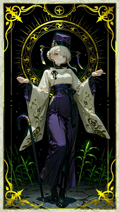 (Very creative),Eggplant monk girl features,Elongated Japanese face with round, clear eyes and(White AND Edo purple,multi-colored eyes),She is 147cm tall,(Delicate Body:0.85),BREAK Beautiful Skin,\((Eggplant color)AND(dark green stalk-like\)),latest eggpla...