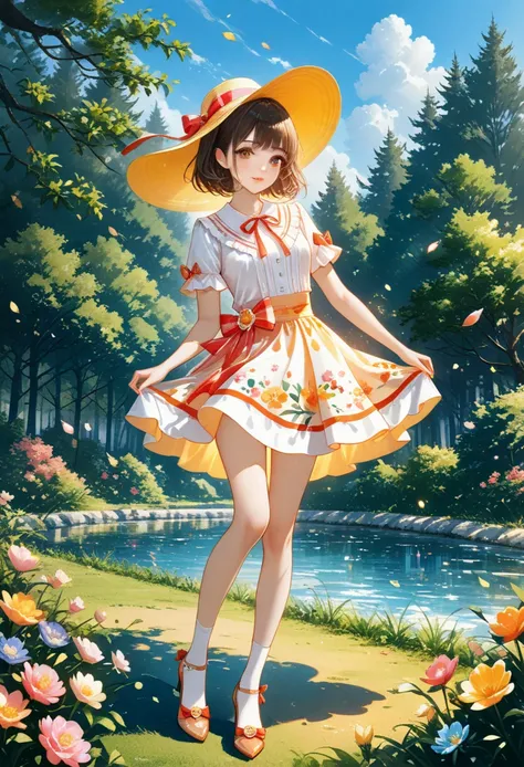 ink painting and watercolor fusion、Beautiful and cheerful girl、orange and white top and skirt style ruffles、 Stylish design 、 Realistic Art 、brown eyes in love、Koisuru Pink Lips、short hair,perfect face、 perfect style 、Suburban Forest Park、colorful flowers...