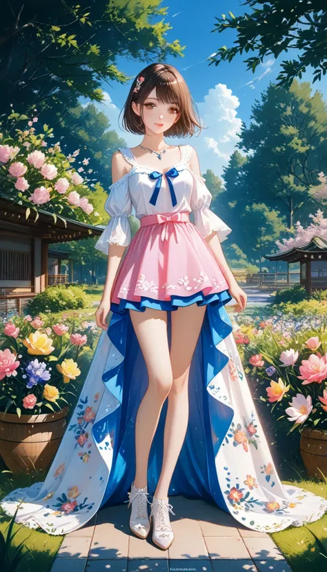 ink painting and watercolor fusion、Beautiful and cheerful girl、purple and white top and skirt style lace trim、 Stylish design 、 Realistic Art 、brown eyes in love、Koisuru Pink Lips、short hair,perfect face、 perfect style 、Suburban Forest Park、colorful flowe...