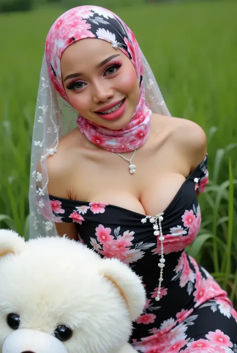 Visible female panties, front posing, ("Facial expression in Happy big Orgasm"), Both hands lying behind their backs, Wearing flora print hijab,  (photorealistic:1.6) ((Indonesian hijab)), background rice paddy. daytime atmosphere, (((please don't showing ...
