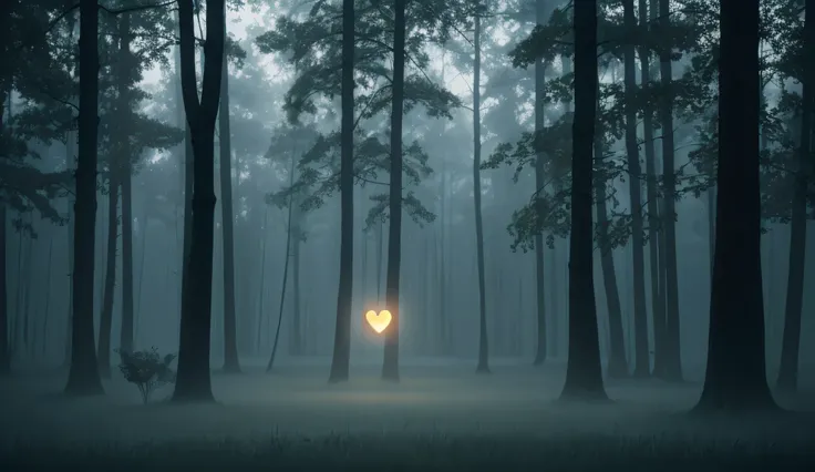 A mechanical or cybernetic human heart is in floating in the center, glowing light behind the heart , emitting soft radiant light, floating in the air. Behind it, a dark misty forest barely visible in the shadows. The heart 's glow subtly lights up parts o...