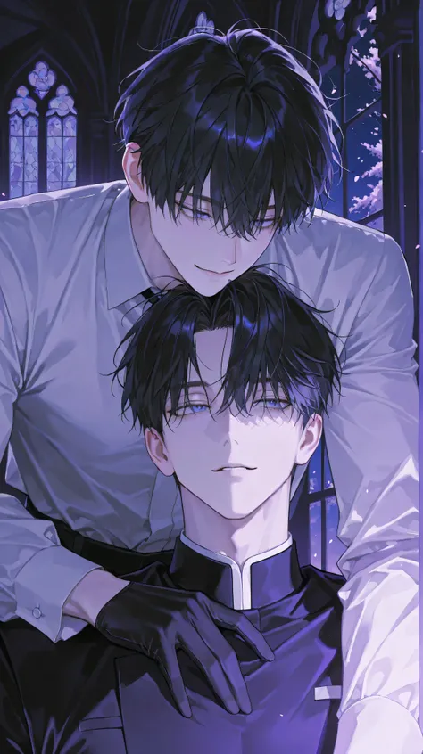 8k, 아름다운 masterpieces, Two men , 32 year old male , handsome, messy hair, short two-block hair, black hair, 2 people의 남자 , male-centered, handsome man, Thick painted, blue eyes, Perfect Eyes ,semi-realism art , semi-realism art style, looking straight ...