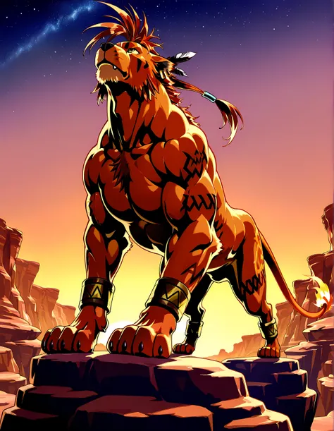 nanaki, red xiii, very muscular feral, feral, male, solo, cel shaded, dog, paws, (muscular, pectorals, buff), big body, simple background, low-angle shot, posing on boulders, looking up, sunset background, canyon, starry sky, powerful posture, strong postu...