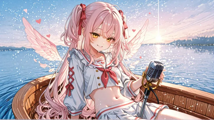 masterpieces, Boat Seats, smile、cute、เด็กผู้female, female、Petite 、small 、light pink hair,浅蓝色的丝带、 long hair, half-twin hairstyle、yellow eyes、Statueの衣装、Belly button、grooved、Statue、 with hearts、Microphone、many watercolor illustrations กลีบดอกทิวลิป、 many wat...