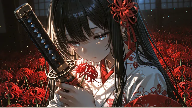 Japanese sword-holding girl in kimono、 hair accessories for long black hair、 Moonlight、red spider lily、There is a soft atmosphere、colors are clearly separated、transparent、lighting effect in、masterpieces、ultra high resolution、. The detail is very good、Promp...