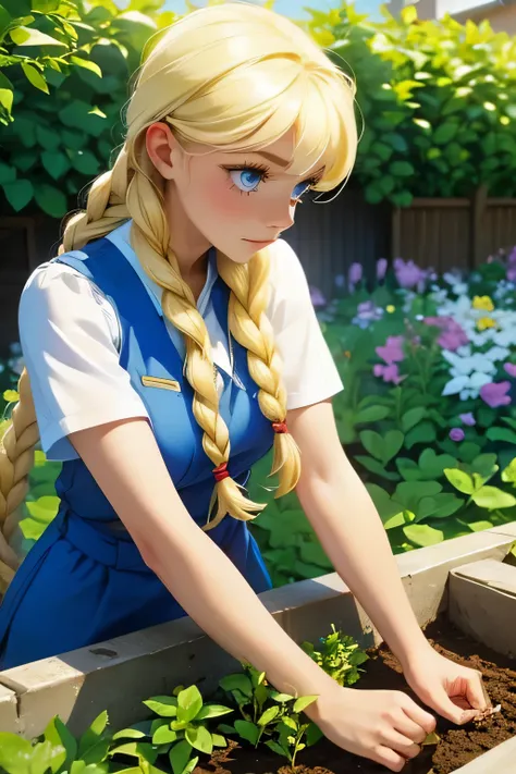 beautiful girl . blonde . blue eyes . blslavya, blue eyes, blonde hair, twin braids, Working in the garden . Something is digging .