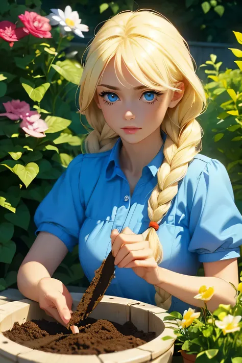 beautiful girl . blonde . blue eyes . blslavya, blue eyes, blonde hair, twin braids, Working in the garden . Something is digging .