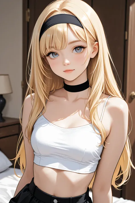 young blonde girl in white cropped top and black headband 