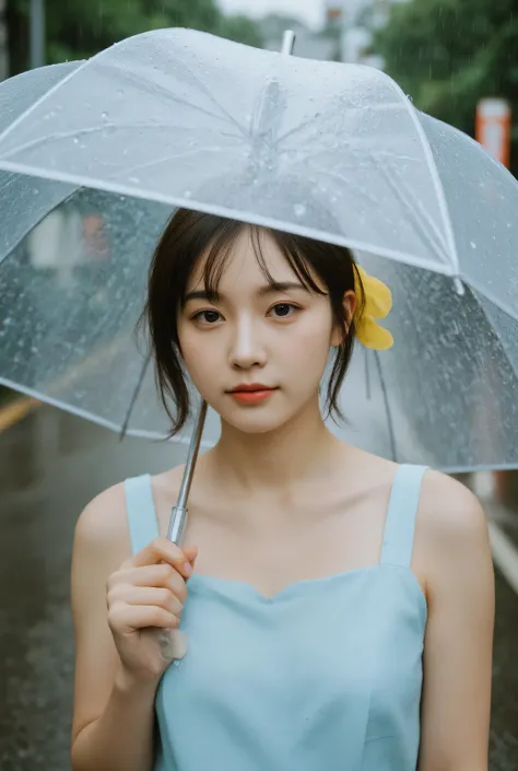 A medium shot of a beautiful young woman walking in the rain, holding a full transparent umbrella above her. She wears a light pastel blue dress, slightly wet from the rain. Her hair is softly tousled, and her expression is calm and reflective. Raindrops a...