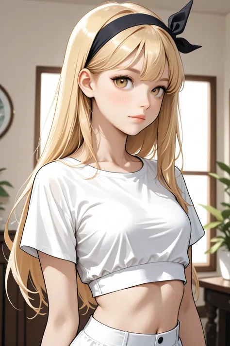 young blonde girl in white cropped top and black headband 