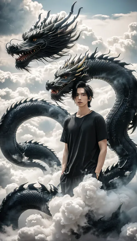 1 man, alone, full body, looking at the viewer, black hair, black t-shirt, closed mouth, Are standing, cloud, lips, cloudy, null, white dragon,Dragon CB,