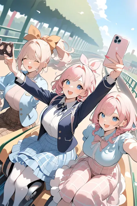 Highest Quality、Detailed Background、masterpiece、Beautiful girl、Huge Breasts、braided bob cut、ponytail、FUN ATMOSPHERE、Amusement Park、
(three women taking selfies while riding a roller coaster:1.5)、(Dynamic poses and powerful angles with fluttering skirts:1.5...