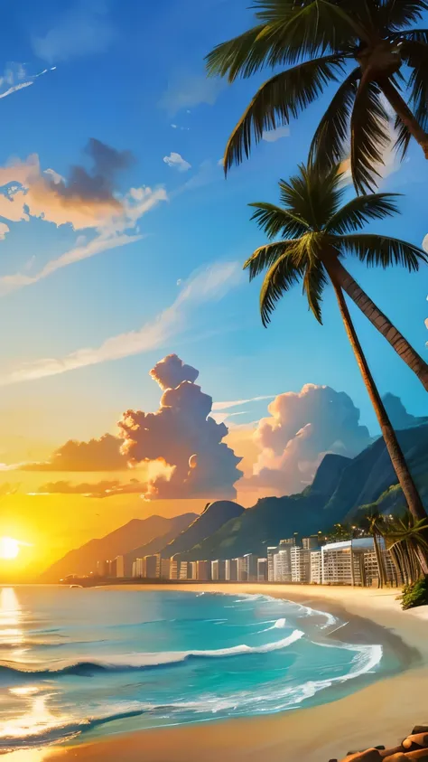 High resolution, clear image, nature, Ocean, beach, gentle waves, sandy beach, Palm tree, building, sun, sunrise, rio de janeiro, 