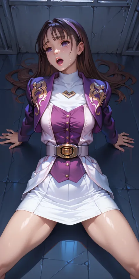 (High definition CG), (Highest Quality), ((View from directly above)),in prison,((Composition showing the part above the waist)),1 girl playing with a cat, perfect face,  wide hips, thin waist,  ,purple bolero jacket,((white skirt)),long sleeve, Pink Belt,...