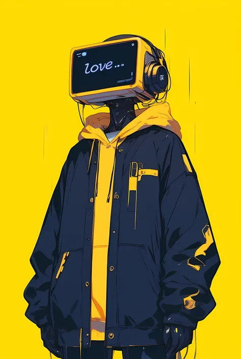 Futuristic anime character with a screen for a head, displaying the word 'LOVE', bored expression implied by body language. Wearing a dark jacket with yellow accents over a cozy hoodie, large headphones with cables connected to the screen. Solid bright yel...