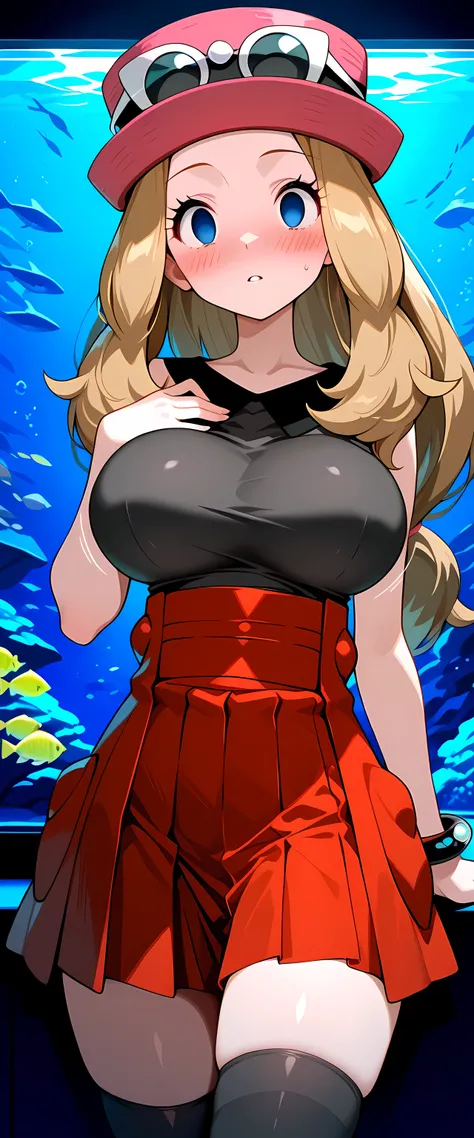 masterpiece, best quality,1girl,solo,serena_(pokemon),zzSerena, solo, long hair, blue eyes, eyewear on headwear, pink headwear, eyelashes, sleeveless shirt, black shirt, bracelet, high-waist skirt, red skirt, black thighhighs,dark room,aquarium,fish tanks,...