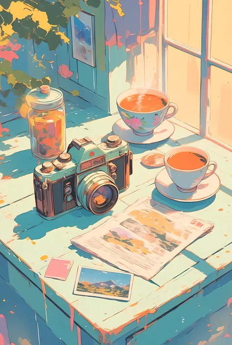 The image captures a charming still-life scene infused with cozy vibes and pastel pop art anime style. At the center, a vintage camera with a whimsical teal-and-brown finish rests gently on a distressed, sky-blue wooden table. The camera’s buttons and dial...