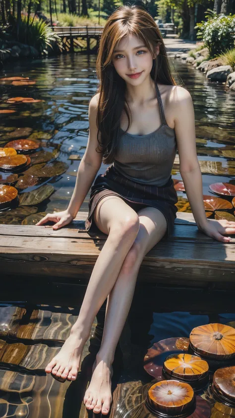 (photo realistic), highly detailed, Award-winning photography, Sharp focus,
A beautiful Scandinavian woman,
extraordinarily beautiful face, blonde, (blue eyes), (detailed face),
Smiling with the best smile,
A small wooden wooden bridge crosses the crystal...