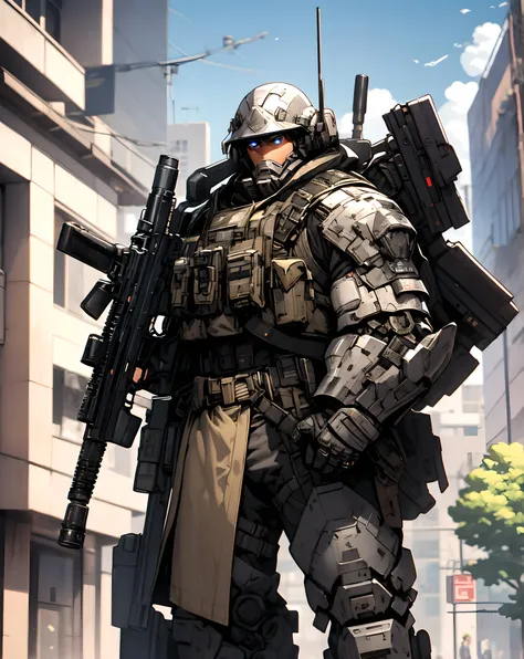 Tight Black Combat Under suit, Steel Blue Advanced Powered Armor with silver accents, Steel Blue Angular Armor Panels, Assault Rifle, standing in a police precinct, by Hariton Pushwagner, best quality, masterpiece, very aesthetic, perfect composition, intr...