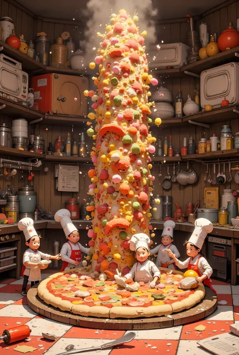 Create a video of miniature chefs making a giant pizzafor a Brand called Chunkies