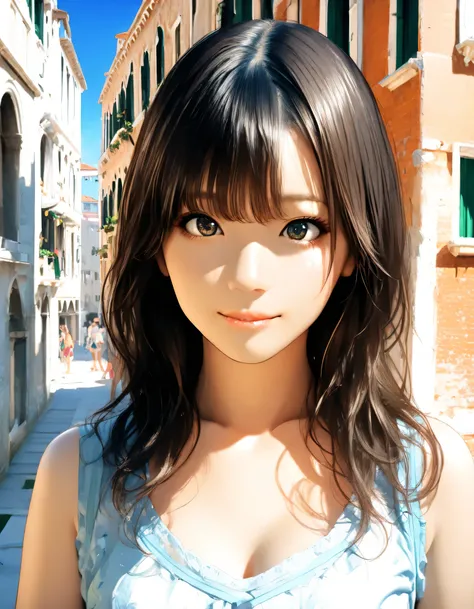 1girl, year 2016, upper body, early summer, Venice, blue sky, casual clothes, masterpiece, high score, great score, absurdres, 16k, Ultra detailed, (photorealistic : 0.5)