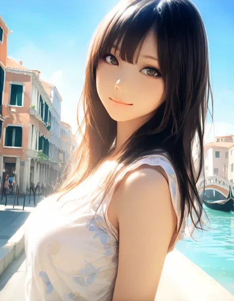 1girl, year 2016, upper body, early summer, Venice, blue sky, casual clothes, masterpiece, high score, great score, absurdres, 16k, Ultra detailed, (photorealistic : 0.5)