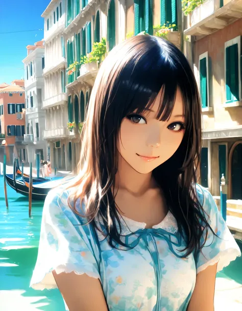 1girl, year 2016, upper body, early summer, Venice, blue sky, casual clothes, masterpiece, high score, great score, absurdres, 16k, Ultra detailed, (photorealistic : 0.5)