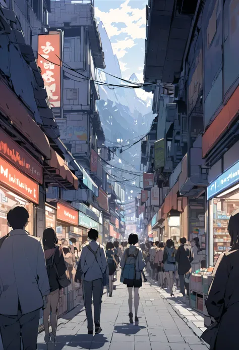 the environment is a modern city, without road, Concrete path , store, View from afar , Crowded street, mountain background