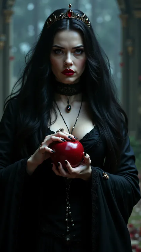 girls,long black hair，Black Queen，accessories，Hand Held Apple，Poisonous apple ，Witch Queen，Red Lipstick