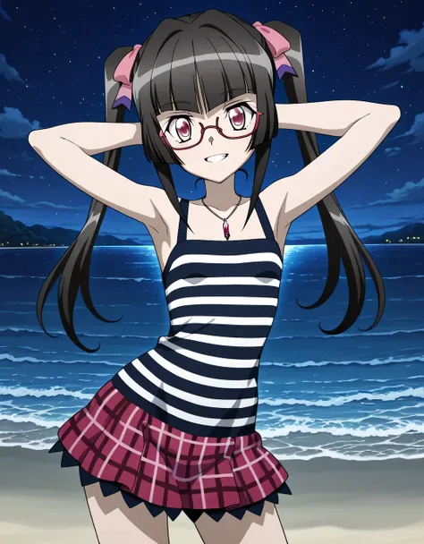 shirabe, anime screencap, anime art style, senki zesshou symphogear, twintails, crimson eyes, black hair, long hair, twintails, jewelry, pink eyes, necklace, blunt bangs, 1girl, shiny hair, striped dress, adjusting eyewear, glasses, necklace, lydian, tie, ...