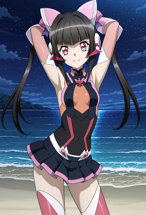 tsukuyomi shirabe, anime screencap, anime art style, tsukuyomi shirabe, senki zesshou symphogear, 1girl, solo, black hair, bangs, shiny, small breasts, leotard, pink eyes, blunt bangs, small breasts, thighhighs, shiny hair, skirt, twintails, long hair,  gl...