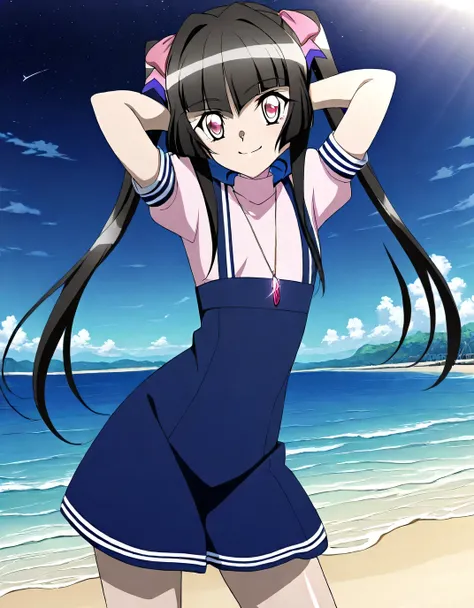 shirabe, anime screencap, anime art style, senki zesshou symphogear, twintails, crimson eyes, black hair, long hair, twintails, jewelry, pink eyes, necklace, blunt bangs, 1girl, shiny hair, sailor dress, handkerchief, necklace, peach stockings, shiny skin,...