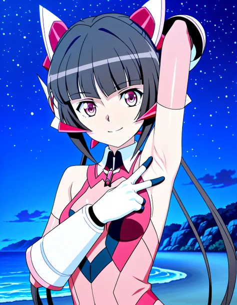 Shirabe Tsukuyomi ((Symphogear/G/AXZ/GX/XV)), light pink eyes, long, straight, black hair, cut in a hime style, tied in twintails, small breasts, ((1girl)), xdrive, head wings, shirabe, gauntlets, white hooves, anime coloring, official art, high quality, c...
