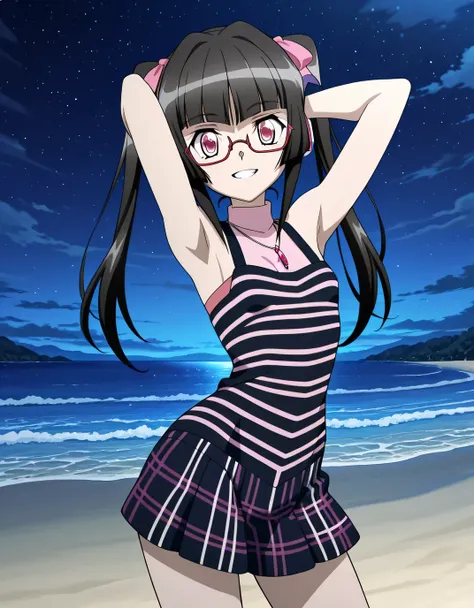 shirabe, anime screencap, anime art style, senki zesshou symphogear, twintails, crimson eyes, black hair, long hair, twintails, jewelry, pink eyes, necklace, blunt bangs, 1girl, shiny hair, striped dress, adjusting eyewear, glasses, necklace, lydian, tie, ...