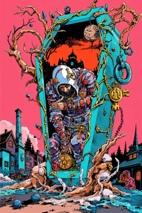 Nightmare Hunter in front of a huge coffin,The lid of a huge, beautifully decorated coffin is open,Inside the coffin, a small nightmare world unfolds, eerily dyeing the sky red,The coffin is drawn quite large in comparison to the buildings and natural obje...