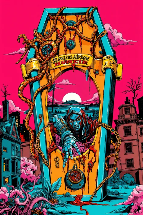 Nightmare Hunter in front of a huge coffin,The lid of a huge, beautifully decorated coffin is open,Inside the coffin, a small nightmare world unfolds, eerily dyeing the sky red,The coffin is drawn quite large in comparison to the buildings and natural obje...