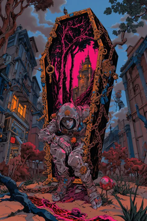 Nightmare Hunter in front of a huge coffin,The lid of a huge, beautifully decorated coffin is open,Inside the coffin, a small nightmare world unfolds, eerily dyeing the sky red,The coffin is drawn quite large in comparison to the buildings and natural obje...