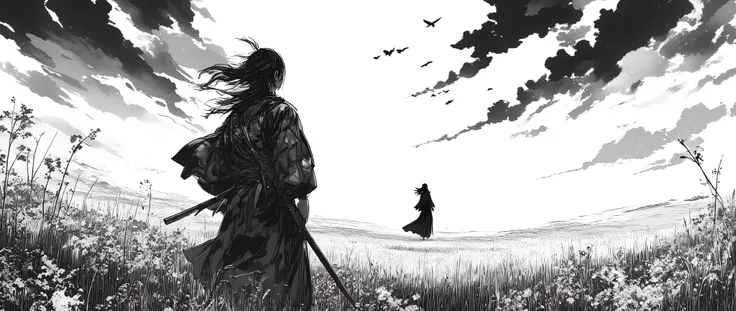 A hyper-detailed black and white manga panel in the realistic and emotional style of Takehiko Inoue’s Vagabond. The scene must convey deep melancholy and cinematic intensity. In the foreground, the main male character — a samurai — is shown clearly from be...