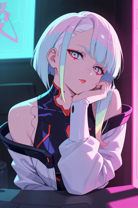 Lucy Cyberpunk ,1girl, head tilt, confident, hand on chin, looking at viewer, viewer's perspective, masterpiece, best quality
